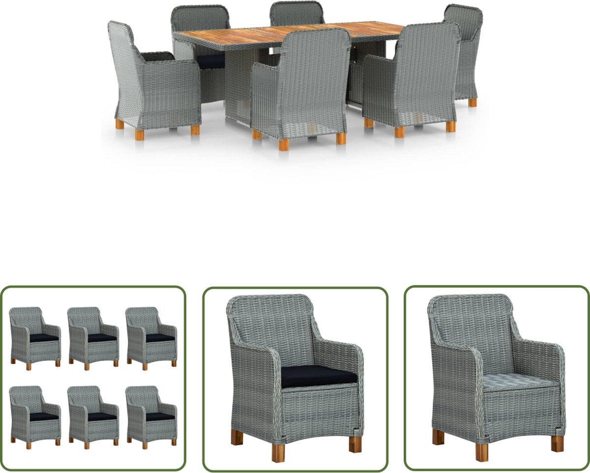 The Living Store 7-delige Tuinset met kussens poly rattan lichtgrijs - Tuinstoel - Lounge Set - Buitendecoratie - Outdoor Meubels - Eetkamerset