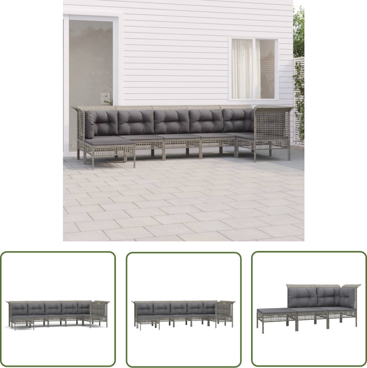 The Living Store 7-delige Loungeset met kussens poly rattan grijs - Loungeset - Tuinset - Lounge - Outdoor Furniture - Patio Set