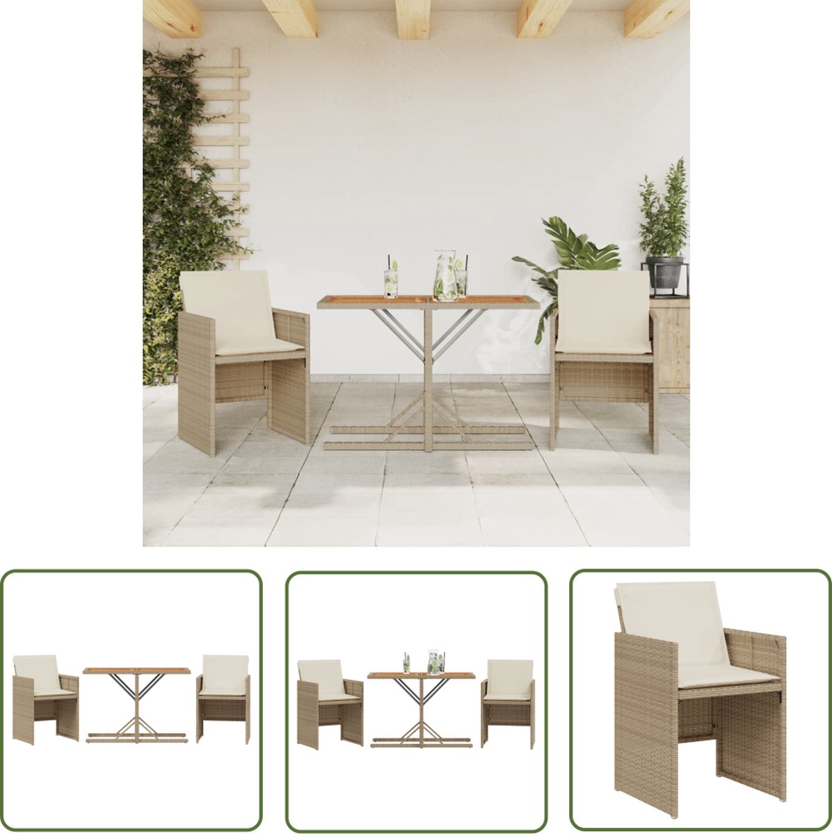 The Living Store 3-delige Bistroset met kussens poly rattan beige - Bistro Set - Tuinset - Buitenshuis Dineren - Terras Meubels - Tuinbank