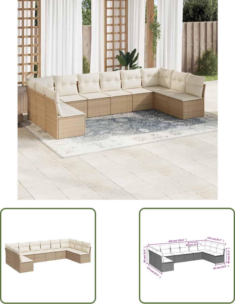 The Living Store 10-delige Loungeset met kussens poly rattan beige - Loungeset - Tuinset - Lounge - Buitendecoratie - Garden Furniture
