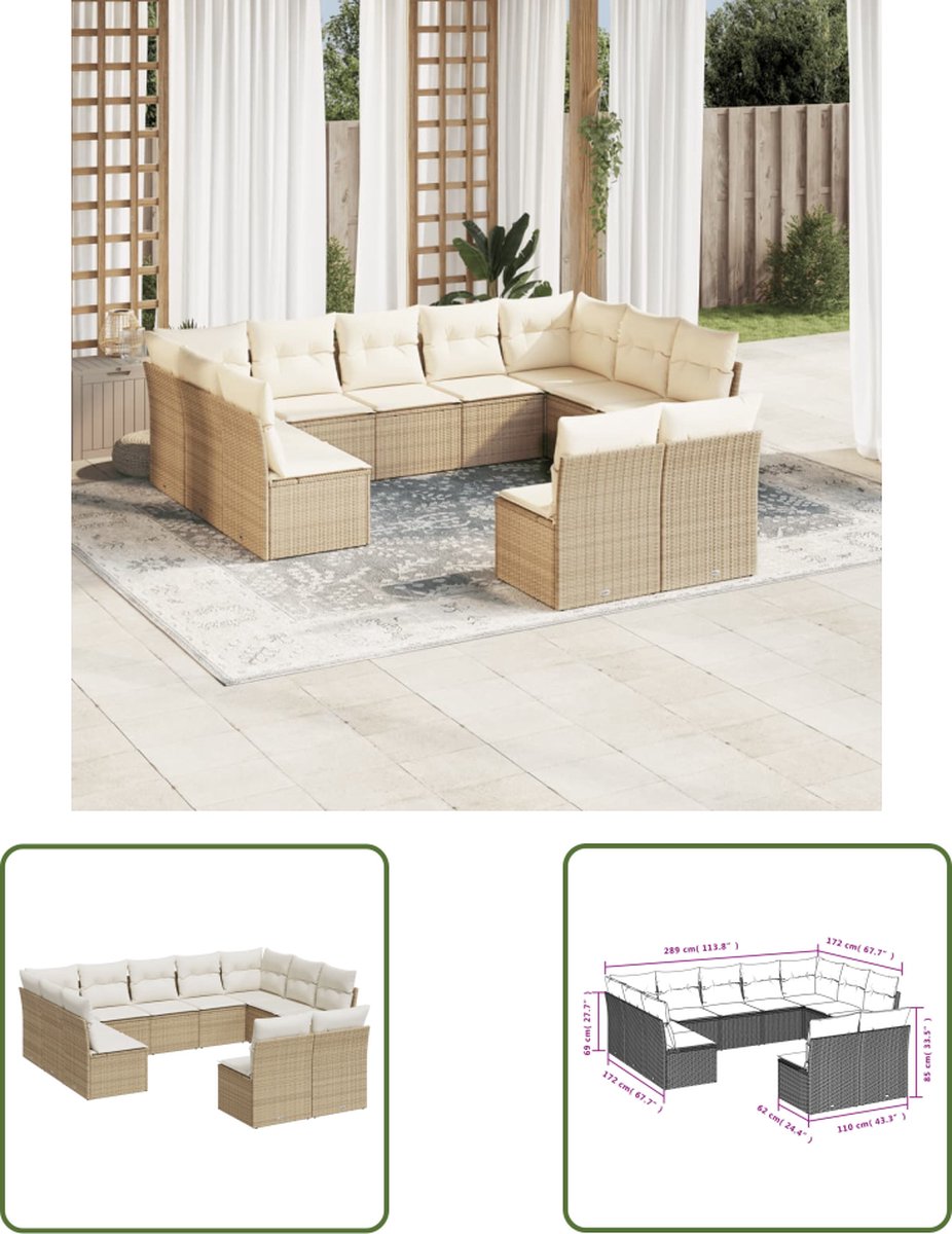 The Living Store 11-delige Tuinset met kussens poly rattan beige - Loungebank - Lounge Set - Buitendecoratie - Tuinmeubels - Ratan Meubel