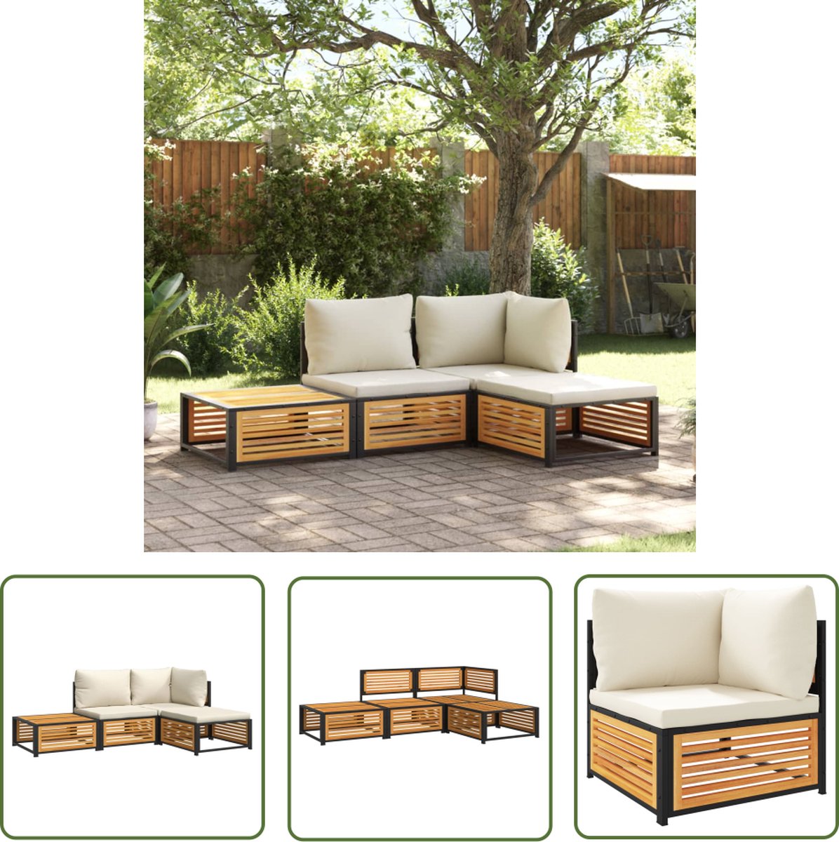 4-delige loungeset van massief acaciahout met kussens - Buitendecoratie in tuinsetting.
