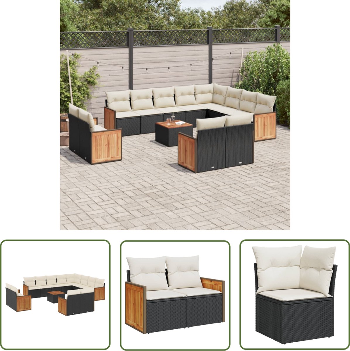Zwarte poly rattan loungeset met kussens voor buiten - The Living Store.