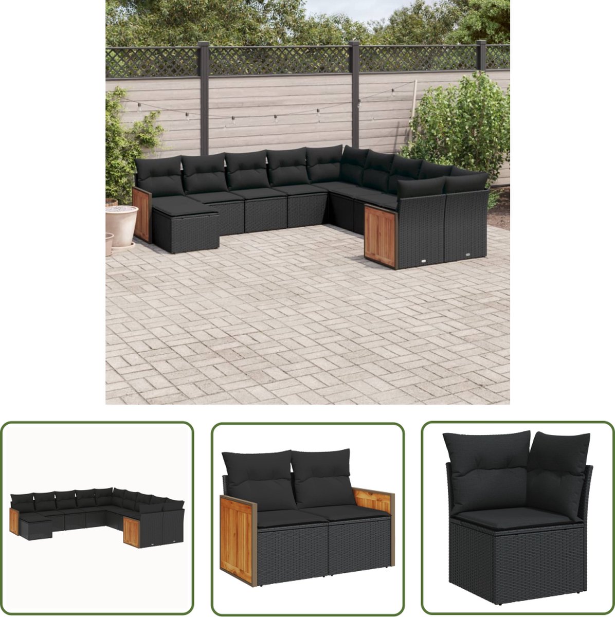 The Living Store 11-delige Loungeset met kussens poly rattan zwart - Loungebank - Lounge Set - Tuinlounge - Buitendining - Outdoor Furniture