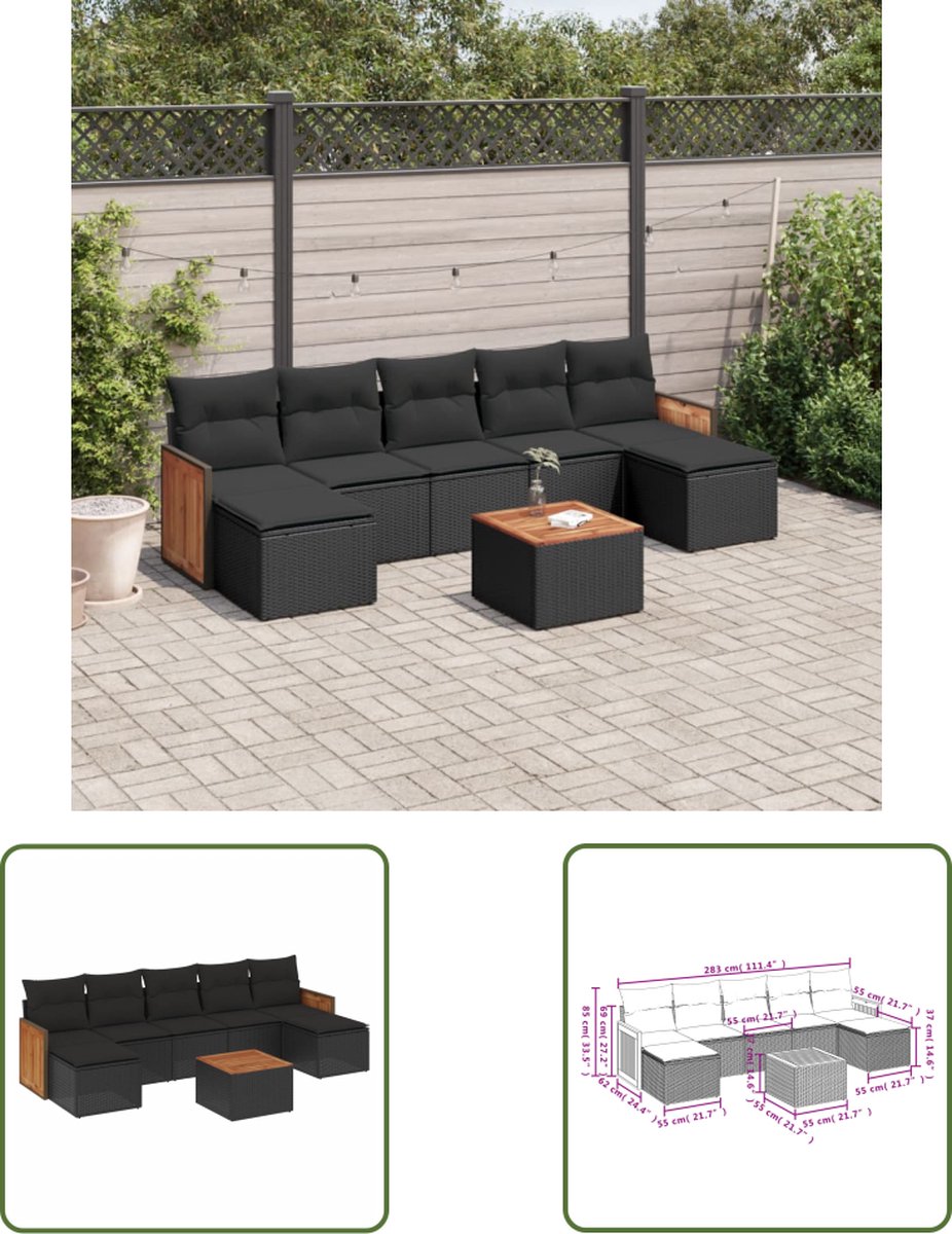 The Living Store 8-delige Loungeset met kussens poly rattan zwart - Loungebank - Lounge Set - Tuinlounge - Buitentijnen - Outdoor Furniture