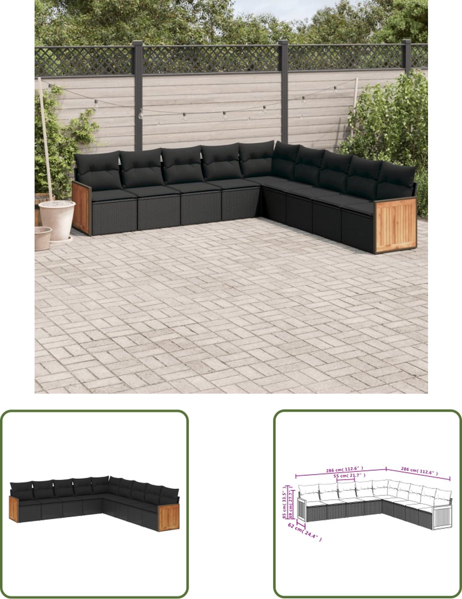 Zwarte poly rattan loungeset met kussens voor buiten - The Living Store.