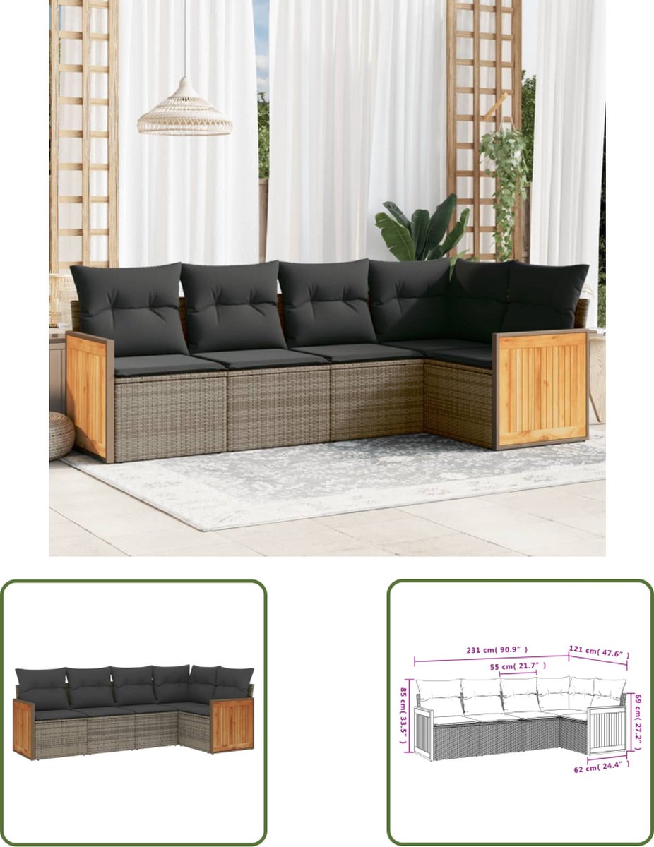 The Living Store 5-delige Loungeset met kussens poly rattan grijs - Loungeset - Tuinset - Lounge Set - Buitendecoratie - Tuinbank
