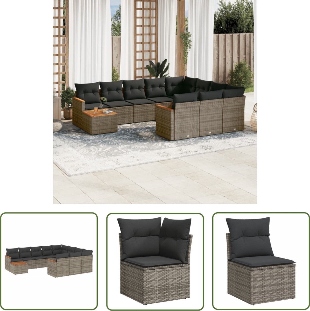 The Living Store 11-delige Loungeset met kussens poly rattan grijs - Loungeset - Tuinlounge - Buitendecoratie - Lounge Set - Tuinmeubels