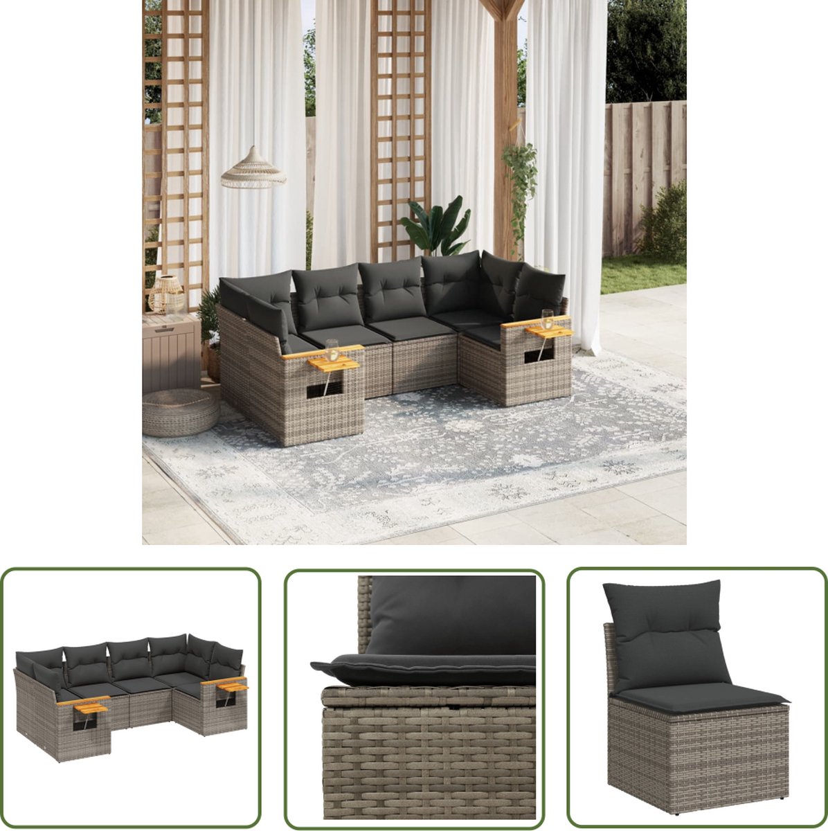 The Living Store 6-delige Loungeset met kussens poly rattan grijs - Loungeset - Tuinset - Lounge - Outdoor Furniture - Tuinmeubels