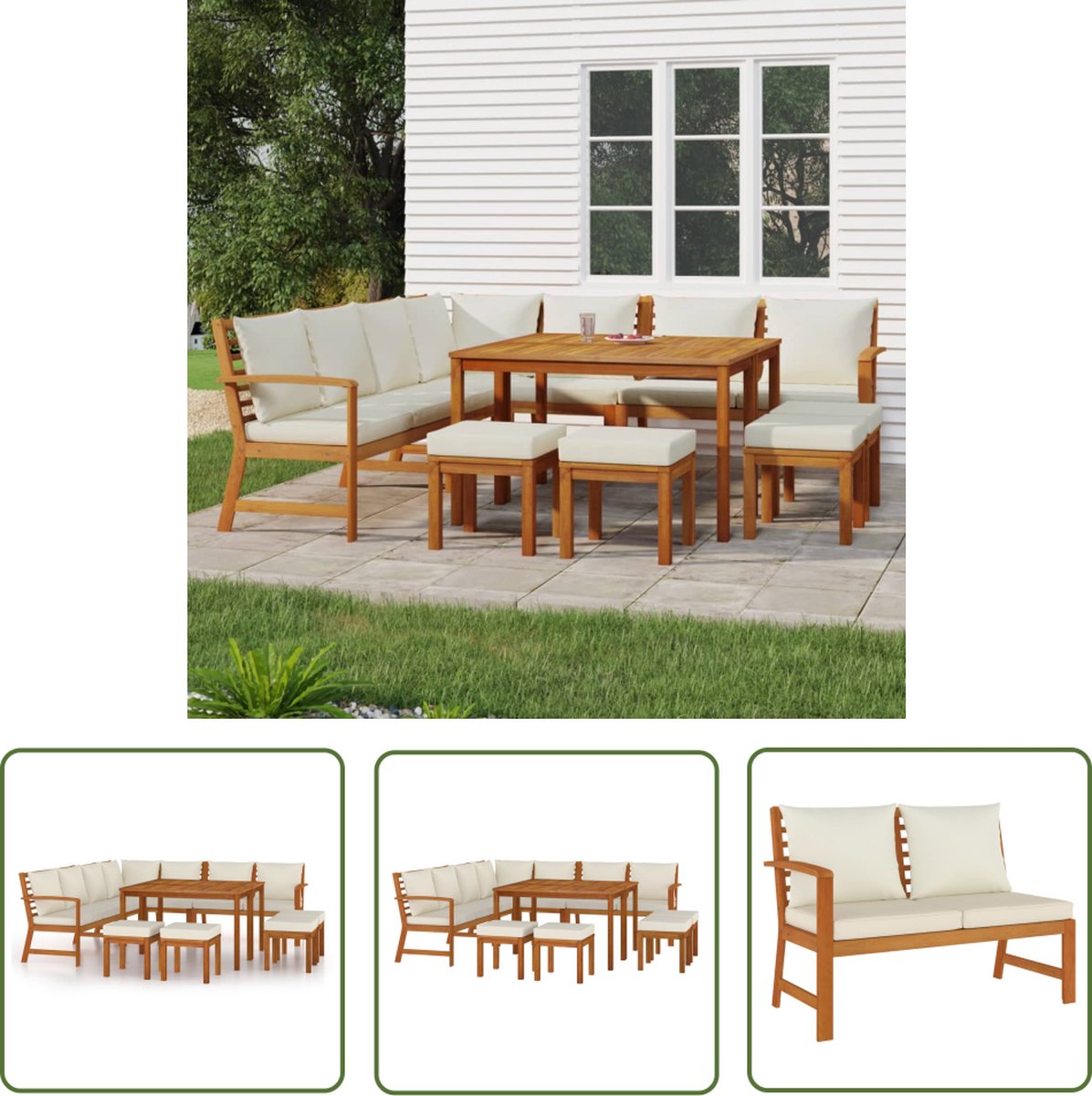 The Living Store 11-delige Tuinset met kussens massief acaciahout - Tuinmeubilaar - Acacia Hout - Lounge Set - Buitendecoratie - Eetkamerset
