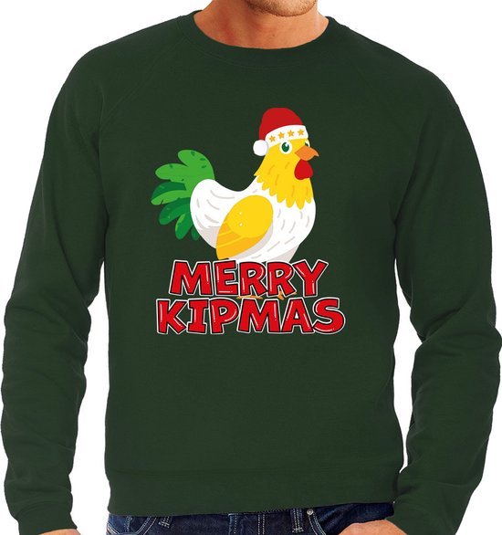 Bellatio Decorations Foute Kersttrui voor heren - Merry Kipmas - groen - hilarisch - kip met kerstmuts XL