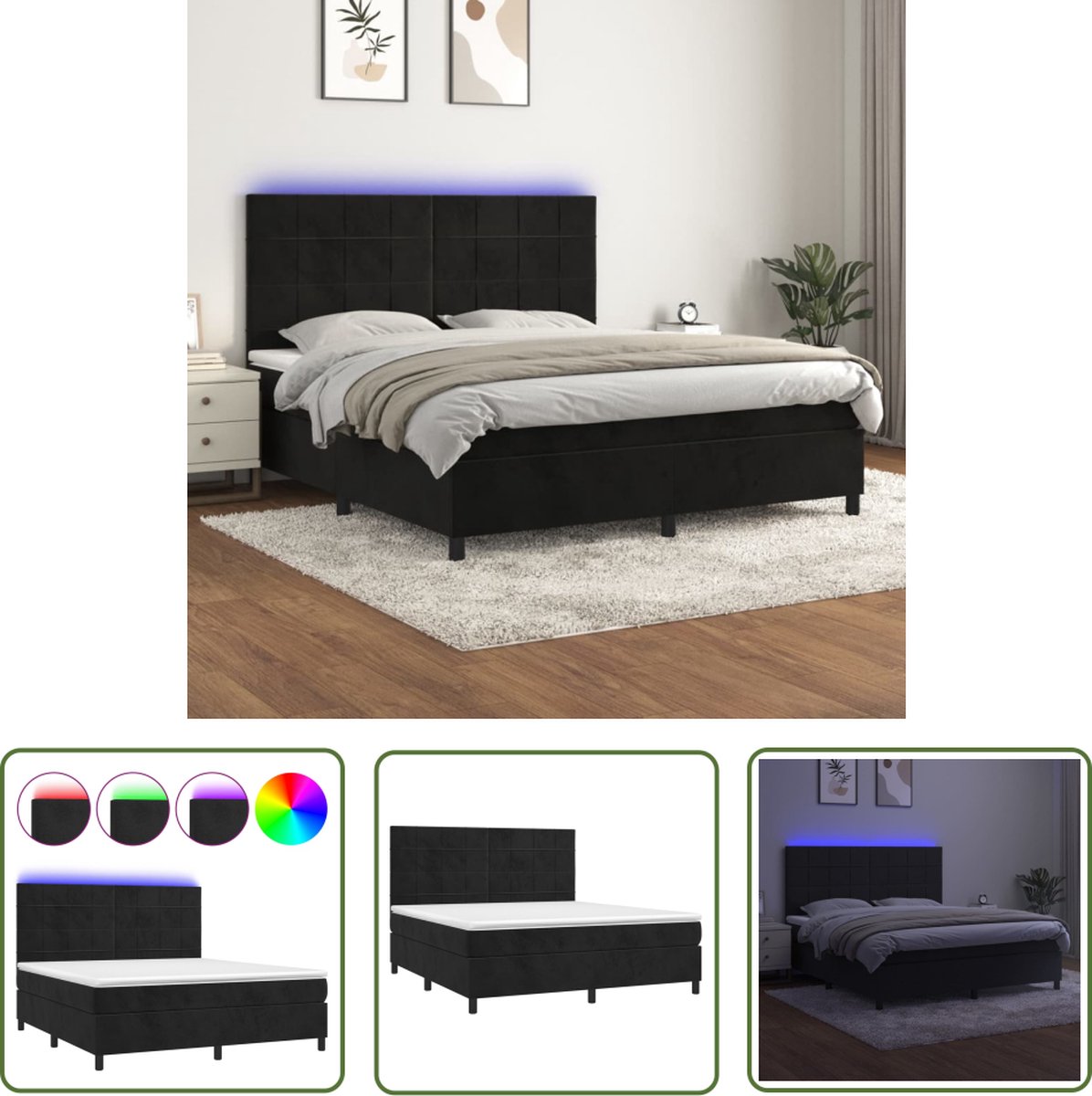 The Living Store Boxspring - fluweel - pocketvering - LED - 180x200 cm - zwart