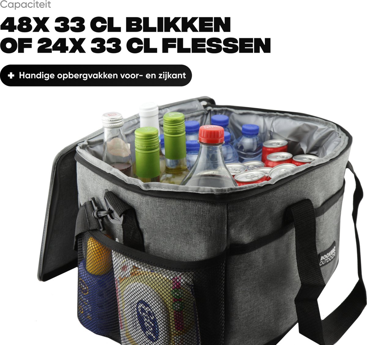 Rockerz Koeltas - 4 laags geïsoleerde grote Koeltas - Incl. 4 koelelementen - 30 liter - Lunchtas - Picknicktas - Capaciteit voor 48x 33 cl blikken of 24x 33 cl flesjes - Slijtvast en duurzaam materiaal - Waterdicht en vuilafstotend - kleur: Grijs — cadeau in Sport & Outdoor - foto 5