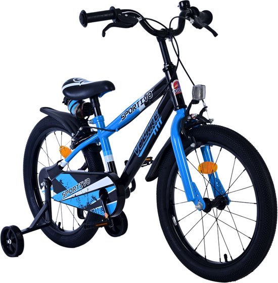 Blauwe en zwarte kinderfiets met zijwieltjes, spiegelende stickers en 'SPORTIVO' tekst.