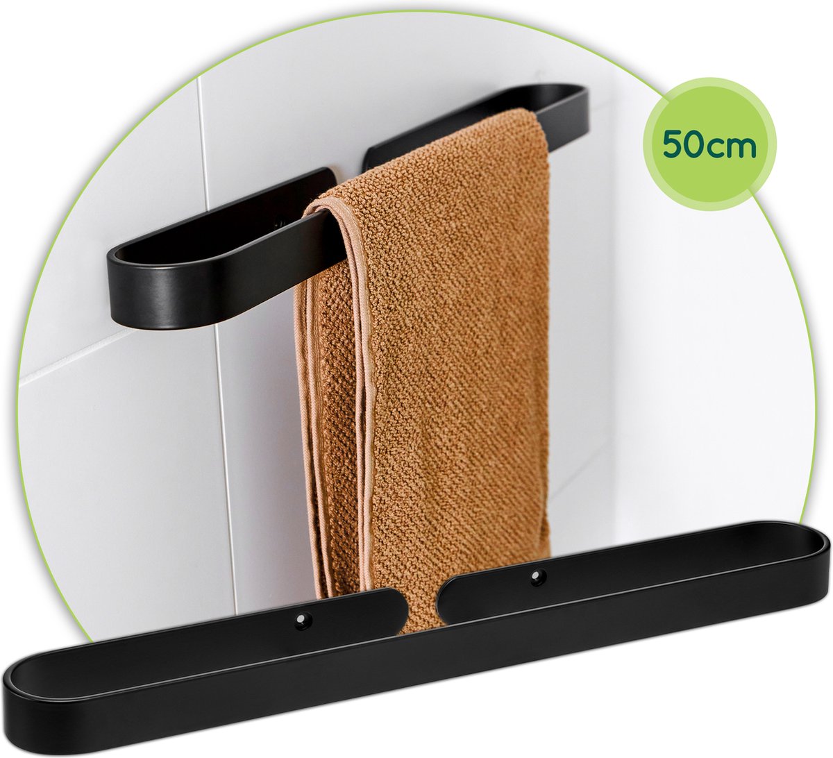 Handdoekrek Zwart - Badkamer - Schroeven & Zonder Boren - Handdoekstang 50 CM