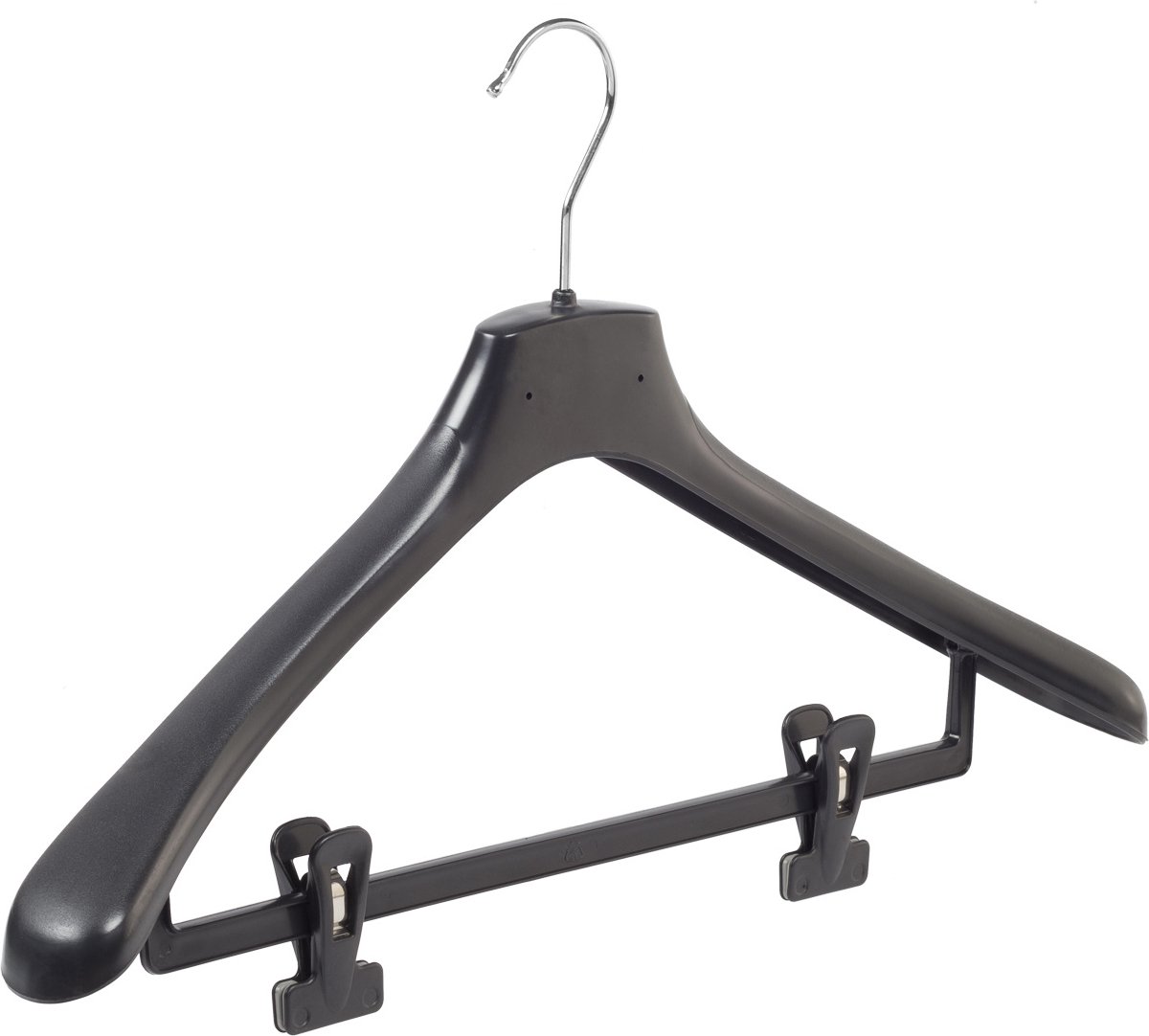 De Kledinghanger Gigant - Mantelhanger - Kostuumhanger - Jassenhanger - Volwassenen - HZ48 - 20 Stuks - Kunststof - Zwart - Gebogen Model - Schouderverbreding 4,8 cm - Anti-slip Knijpers - 48 cm - Kledinghanger - Kleerhanger - HZ-Serie