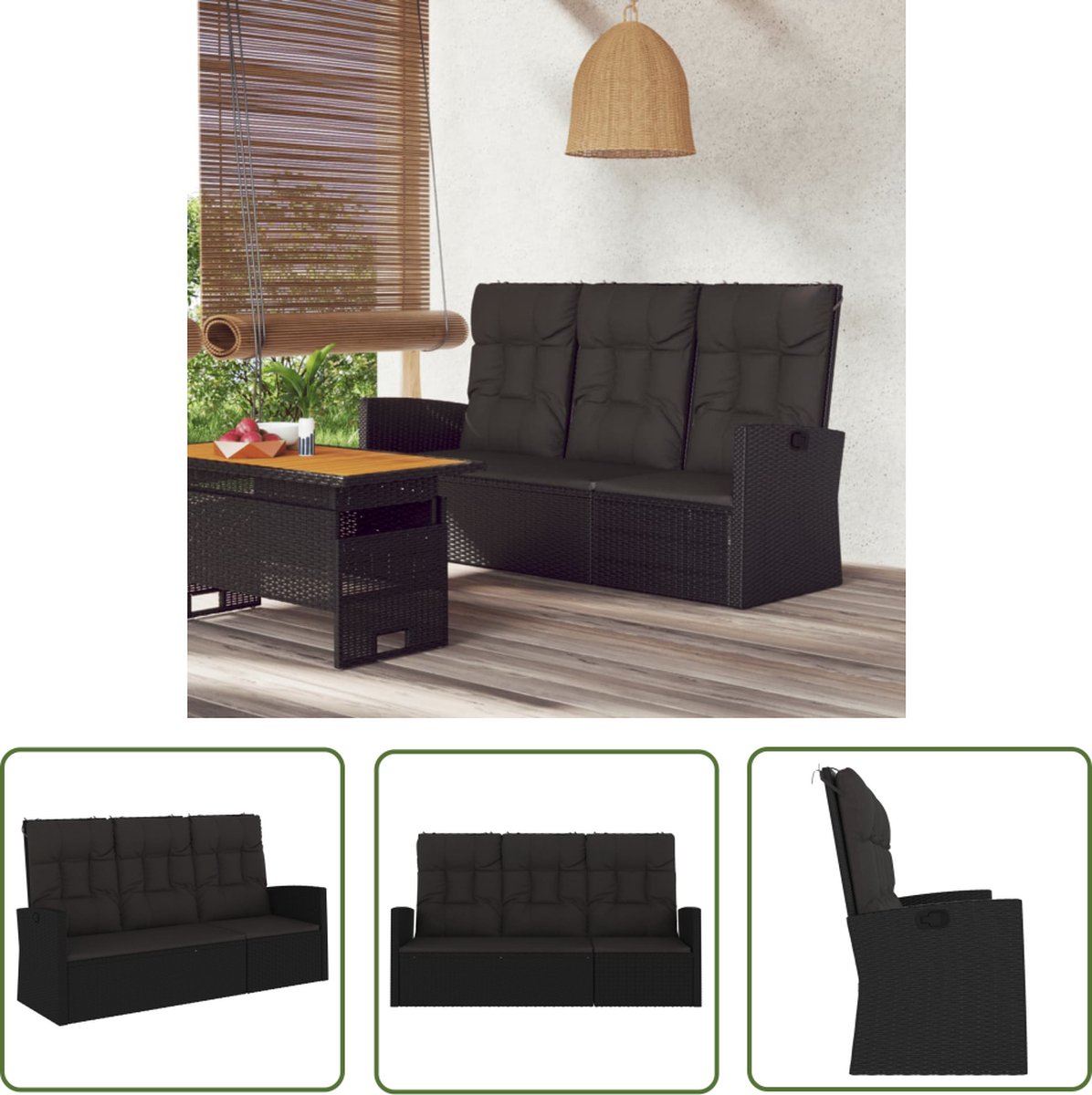 vidaXL Lounge Stoel - Tuinbank - Tuinbank verstelbaar met kussens 173 cm poly rattan zwart - Relaxstoel - Outdoor Furniture - Tuinset