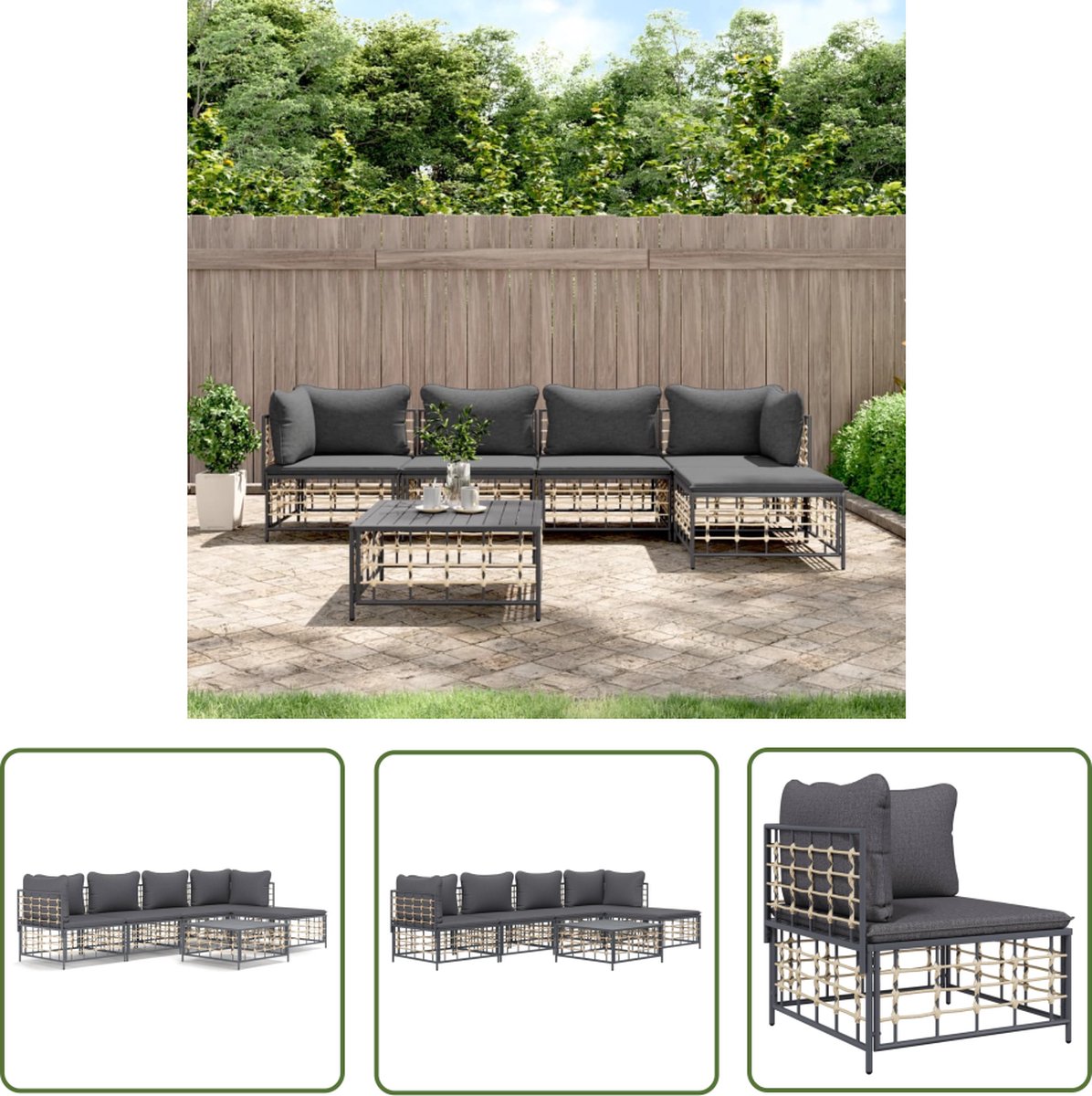 The Living Store Loungeset Antraciet - Poly rattan - 72 x 72 x 66 cm - Weerbestendig Loungeset - Tuinset - Lounge Bank - Buis Meubel - Outdoor Furniture - Patio Set - Antraciet - Wicker - Kunststof