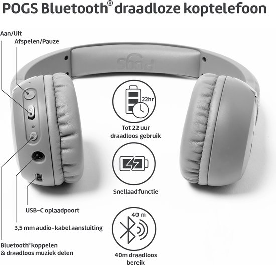 POGS - The Gecko 2 - Draadloze on-ear kinder koptelefoon - Bluetooth - Veilige volumebegrenzing - Duurzaam - Gratis app voor extra functies - rGrijs
