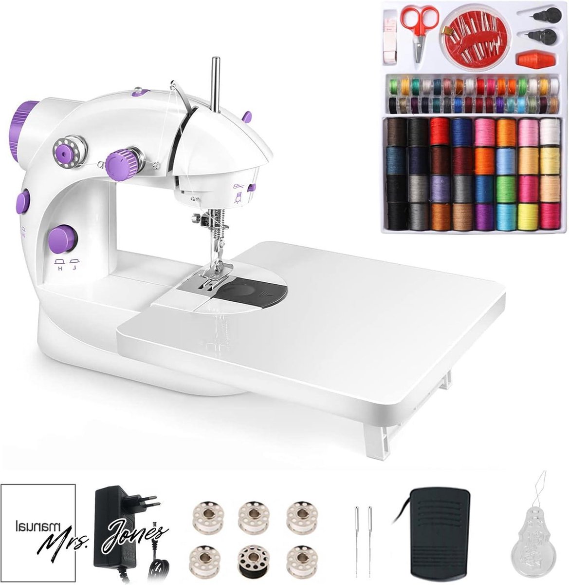 Mrs. Jones Elektronische naaimachine mini-naaimachine draagbare mini-naaimachine met 99 stuks naai-accessoires en verlengtafel voor kleding gordijnen kunsthandwerk - paars .