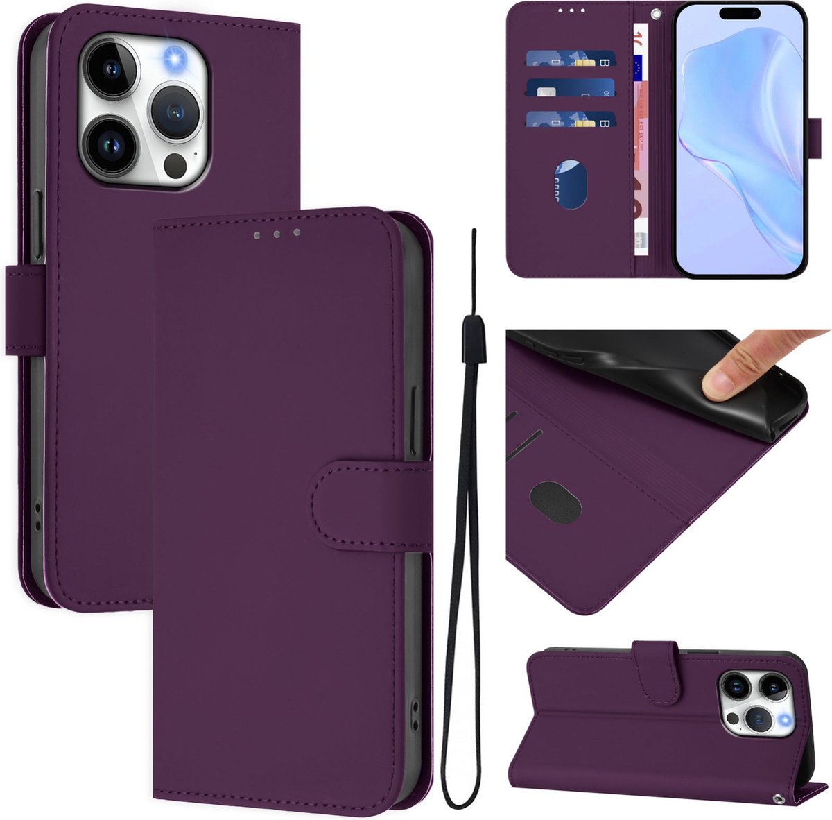Mobigear Telefoonhoesje geschikt voor Apple iPhone 16 Pro Hoesje | Mobigear Urban Wallet Bookcase Portemonnee | Pasjeshouder voor 3 Pasjes | Telefoonhoesje voor Pinpas / OV Kaart / Rijbewijs - Paars