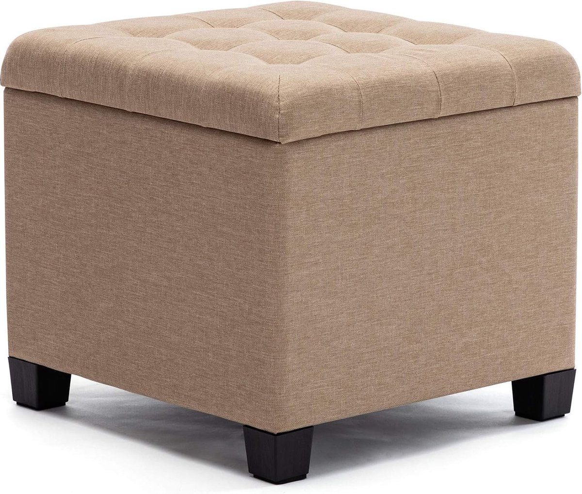 Poef voetenbank opbergdoos 45 cm kubus - sterk houten frame - linnen woonkamer speelgoedkist - kledingstoel stoel met deksel voor slaapkamer - beige - trendy - praktisch