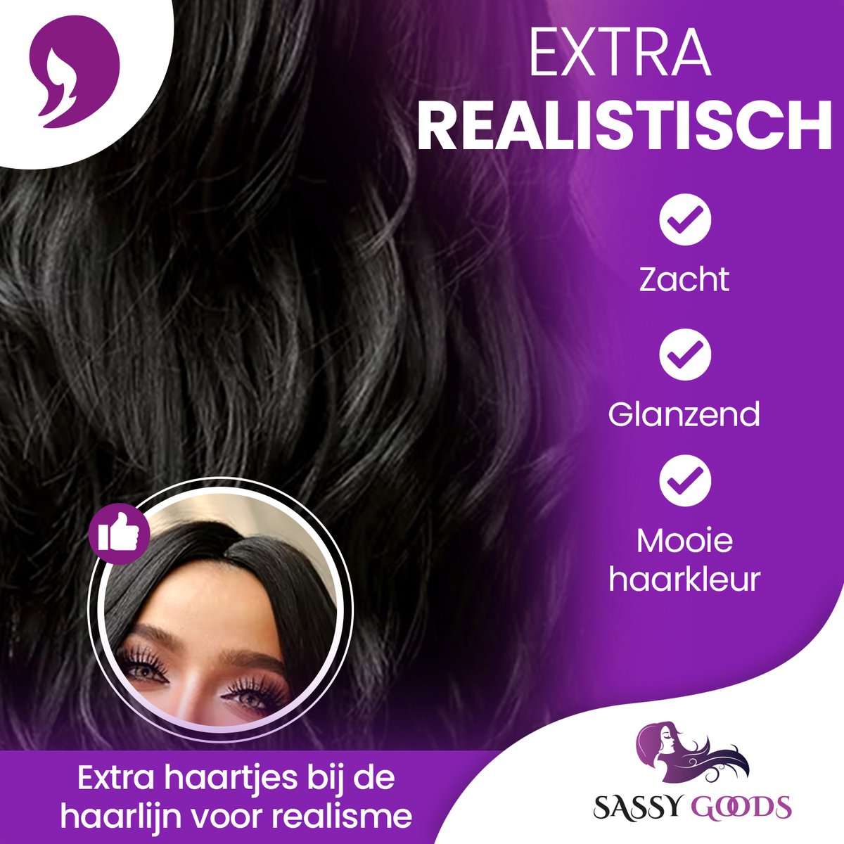 SassyGoods Zwarte Pruik - Pruiken Dames Lang Haar - Wig - Golvend Haar - Haren Vrouwen - Verstelbaar - Wasbaar - Zwart — afbeelding 4