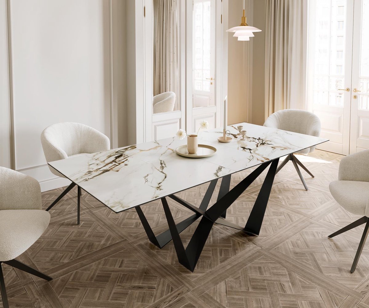 DELIFE Eetkamertafel Edge keramiek Calacatta Luxe wit-goud-grijs 180-220x100 spider vlak staal zwart uitschuifbaar Weiß-Gold-Grau