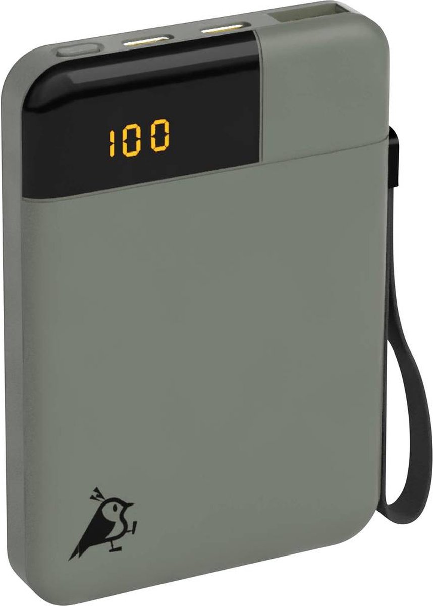 Aqiila Powerbank 5000mAh, 12W, klein en krachtig, Lichtgewicht, LCD Scherm, 2x USB-C, 1x USB-A, Pass Through Charging, plasticvrije verpakking, Powerbird B5 mosgroen