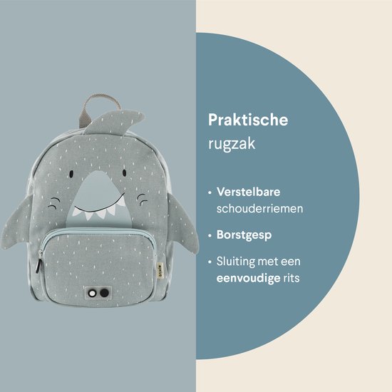 Trixie Rugzak - Mr. Shark - Schooltas Waterafstotend - Boekentas voor Kind - Voor Jongens en Meisjes - Geschikt als Gymtas - Grijs - Haai