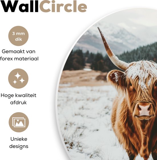 WallCircle® Wandcirkel 90x90 cm - Muurcirkel Schotse Hooglander - Landschap - Sneeuw - Bergen - Winter - Muurdecoratie woonkamer - Wanddecoratie slaapkamer - Kamer decoratie accessoires - Ronde schilderijen