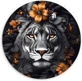 WallCircle - Wandcirkel 90x90 - Tijger - Zwart wit - Goud - Bloemen - Botanisch - Ronde schilderijen woonkamer - Wandbord rond - Muurdecoratie cirkel - Kamer decoratie binnen - Wanddecoratie muurcirkel - Woonaccessoires