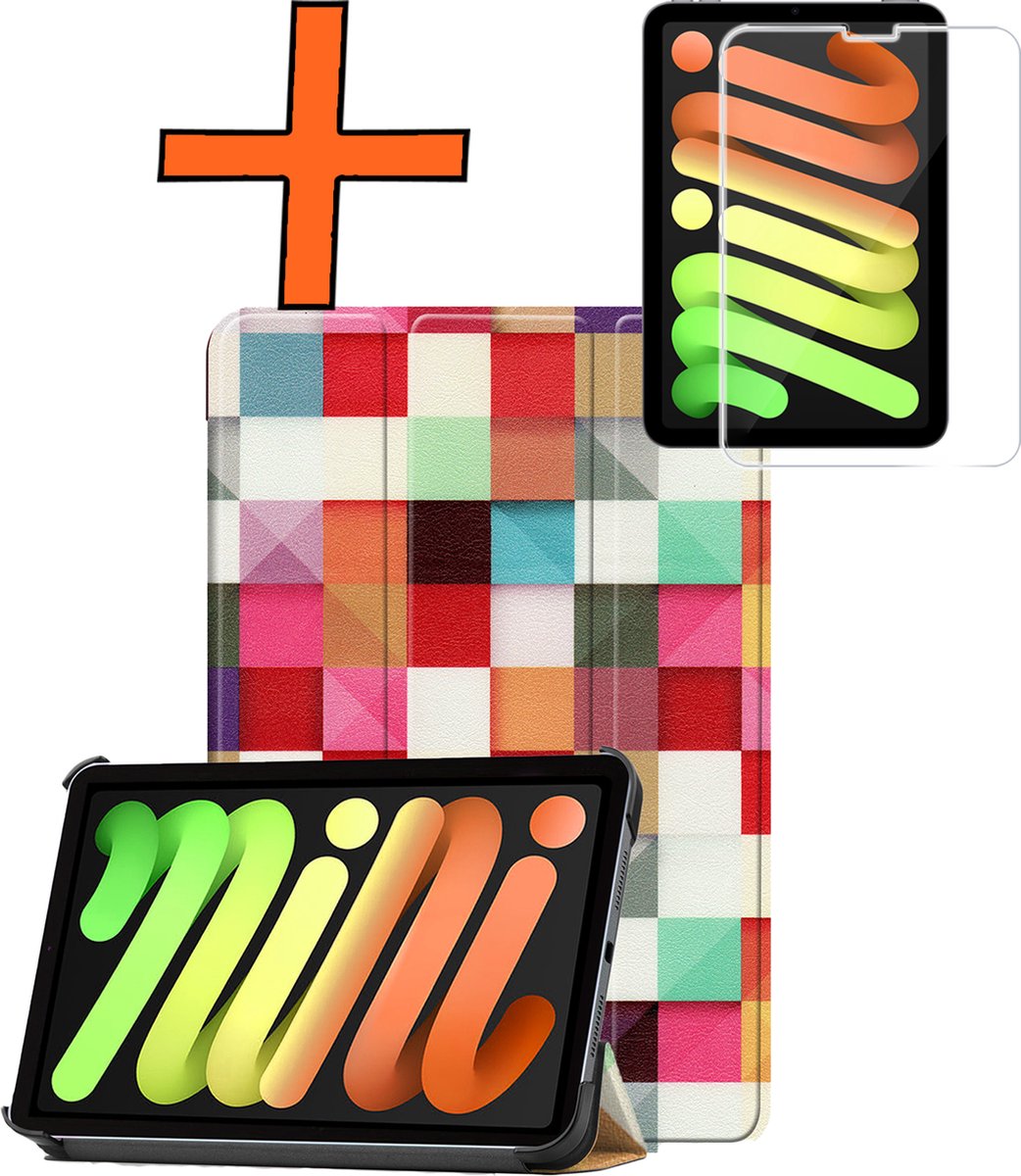 Hoesje - Geschikt voor Apple iPad Mini 7 (2024) - 8.3 inch - 7e Generatie - Met Screenprotector - Trifold Bookcase - Hard Cover - Hardcover Book Case - Tablet Hoes - Blokken