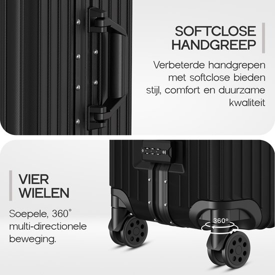 Close-up van de softclose handgreep en de vier wielen van een zwarte koffer. Tekst over stijl, comfort en soepele beweging.