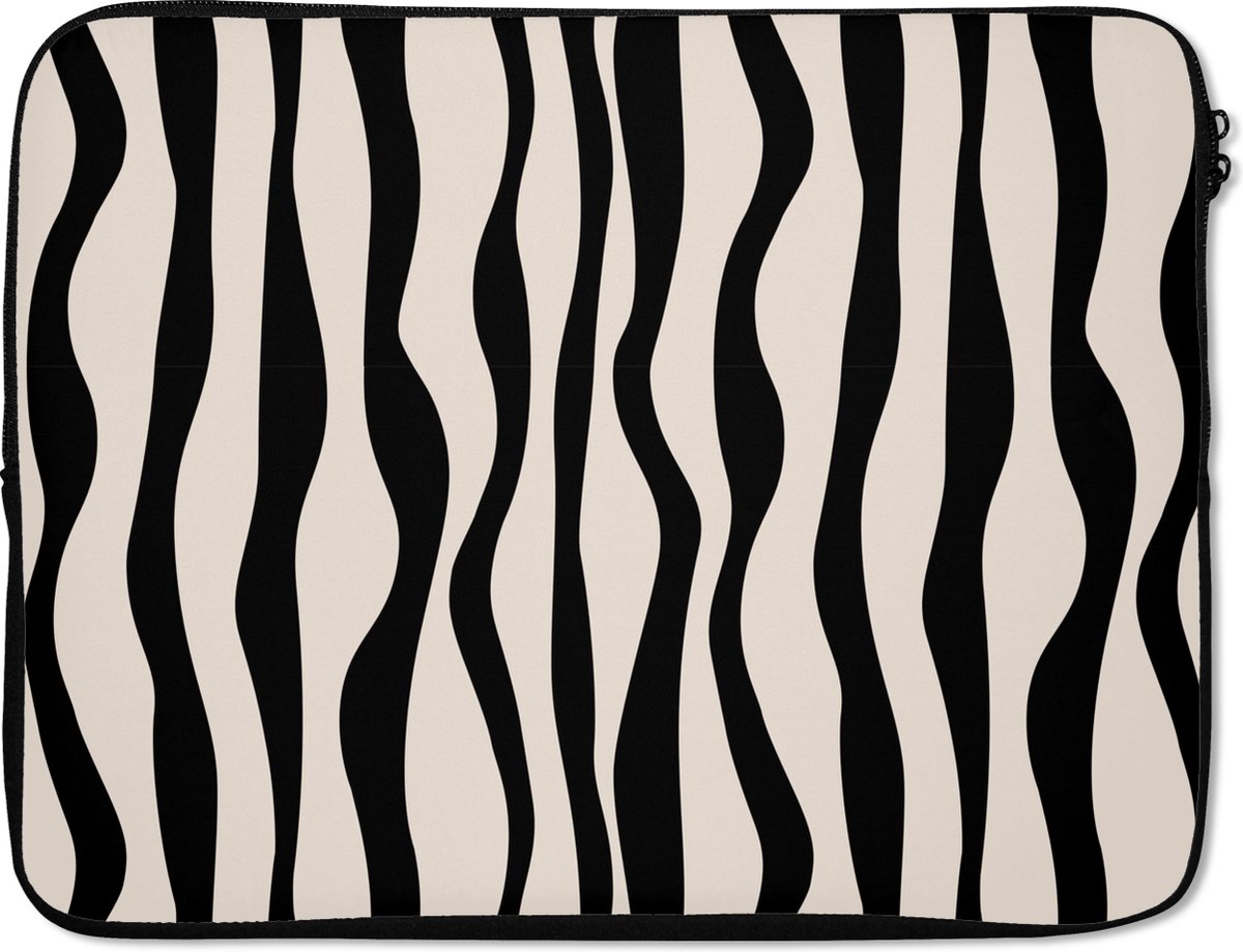 Laptophoes 15.6 inch - Golvende lijnen - Beige - Zwart - Abstract - Laptop sleeve - Binnenmaat 37x26 cm - Zwarte achterkant