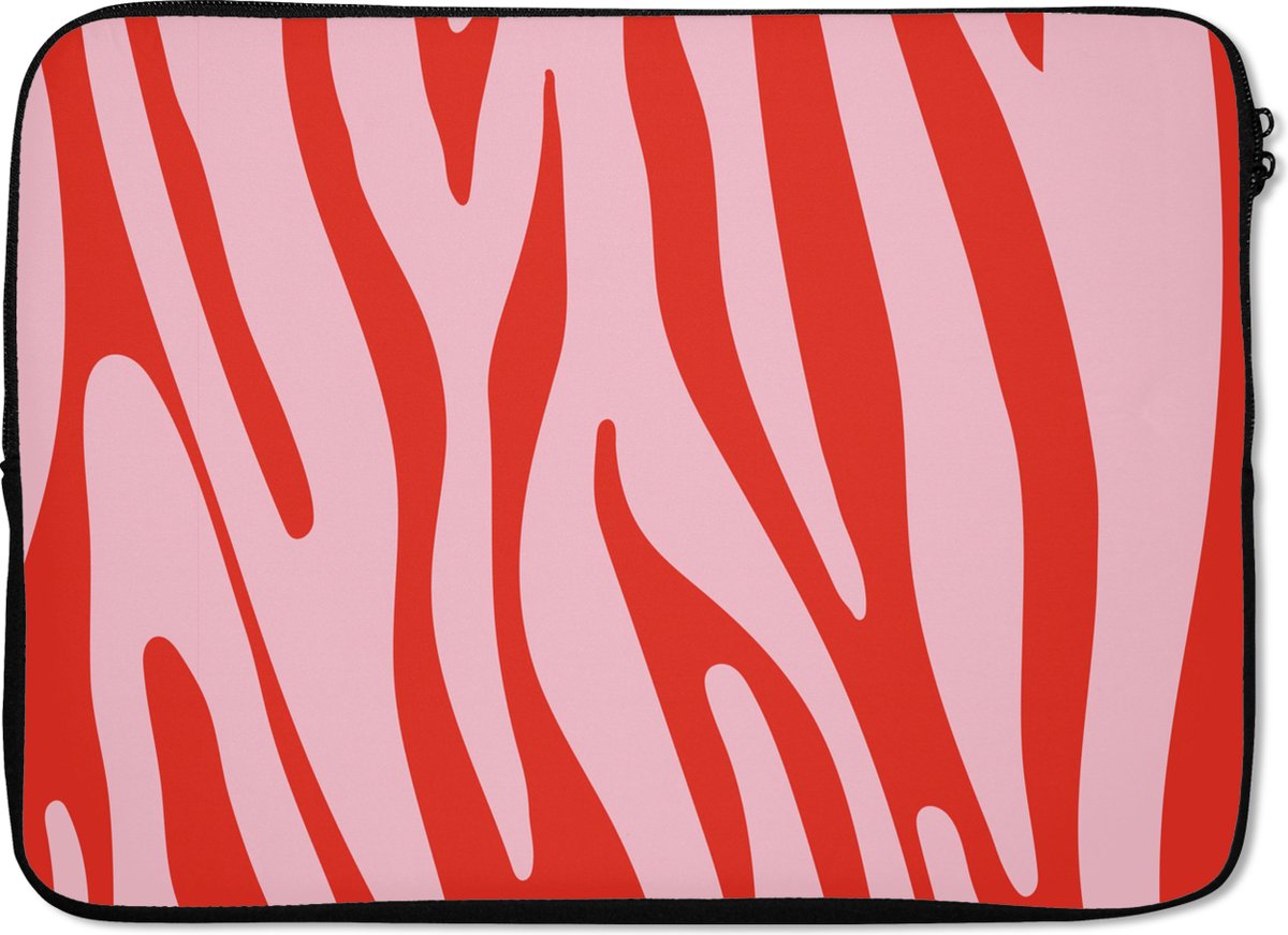 Laptophoes 14 inch - Zebraprint - Roze - Rood - Dierenprint - Laptop sleeve - Binnenmaat 33x23 cm - Zwarte achterkant
