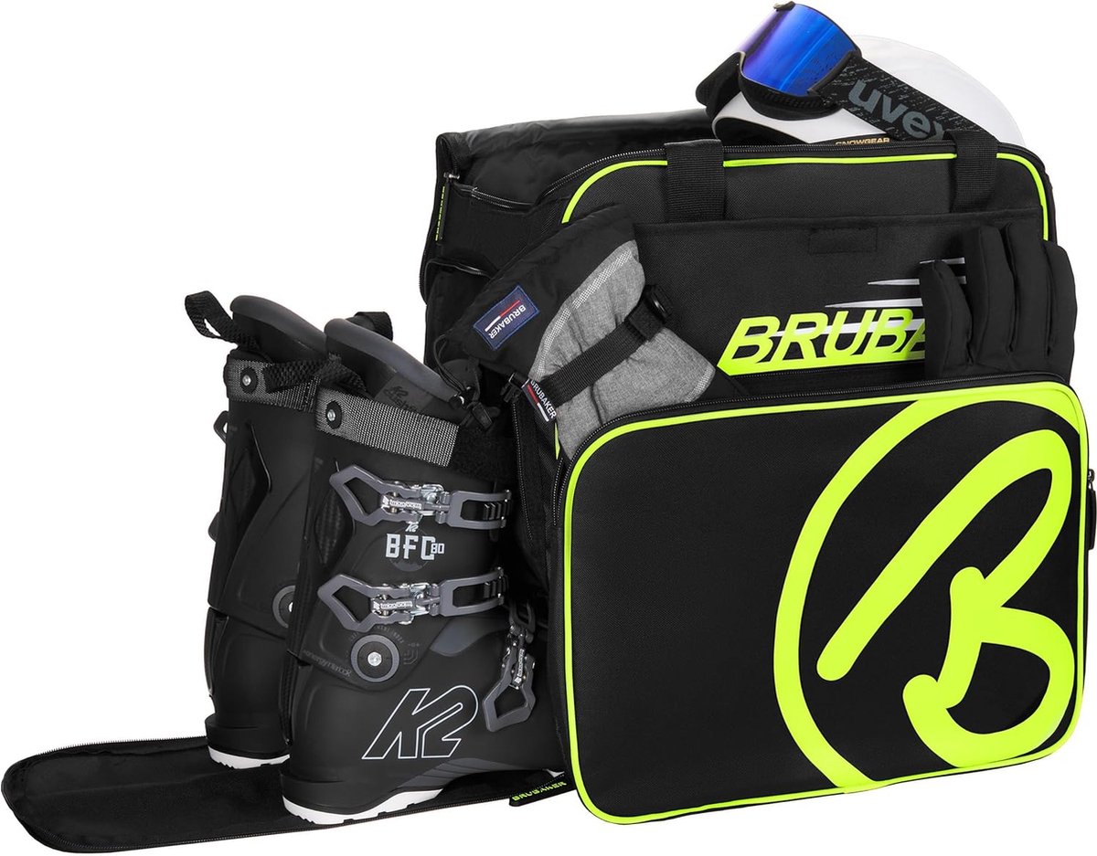 BRUBAKER Super Champion skischoenentas, helmtas, rugzak met schoenenvak, zwart/neongeel