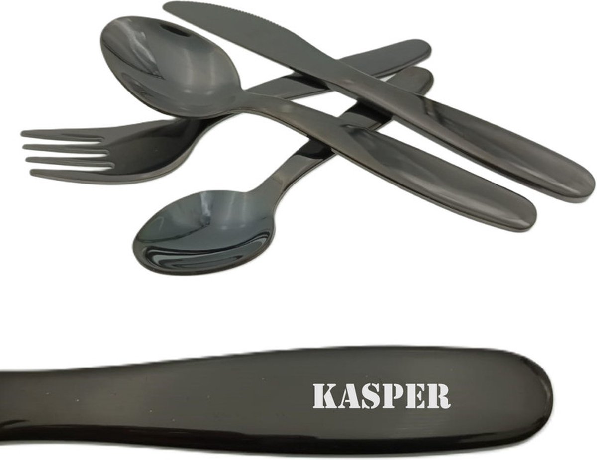 Goedkoopste Kinderbestek Met Stoere Naam Gravering - Kasper - Zwart