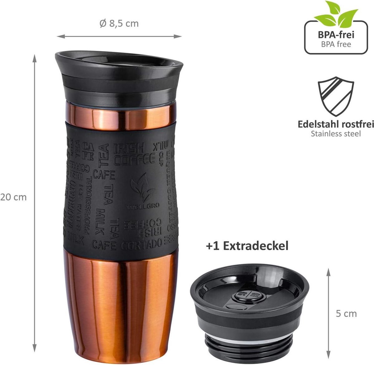Wellgro thermobeker 400 ml 1 extra deksel - roestvrij staal - soft-touch handvat - BPA-vrij - dubbelwandig thermosbeker - reismok - koffiebeker to go rood