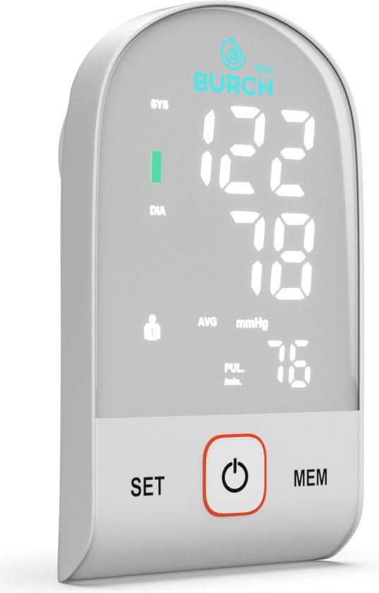 Wit Med BURCH apparaat met groot digitaal display dat 122/78 mmHg en 76 pul/min toont.