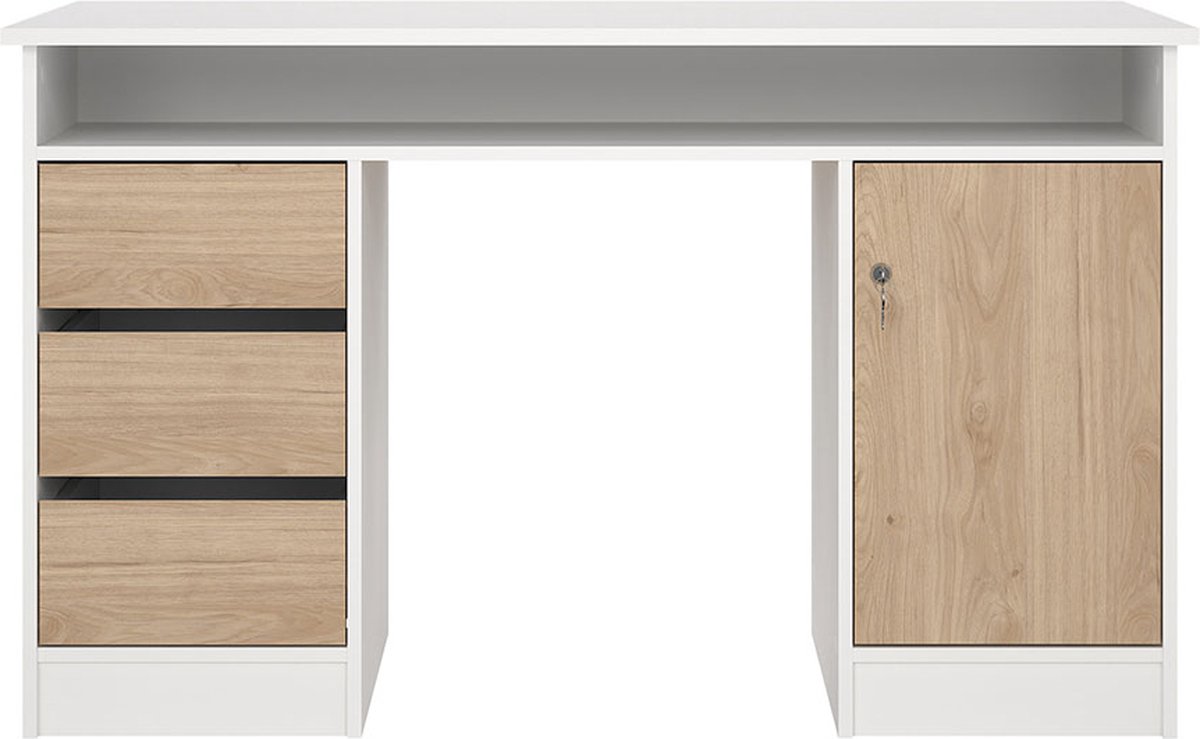FunctionPlus bureau 1 plank, 1 deur, 3 lades wit, eiken decor.