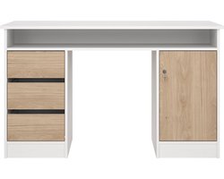 FunctionPlus bureau 1 plank, 1 deur, 3 lades wit, eiken decor.