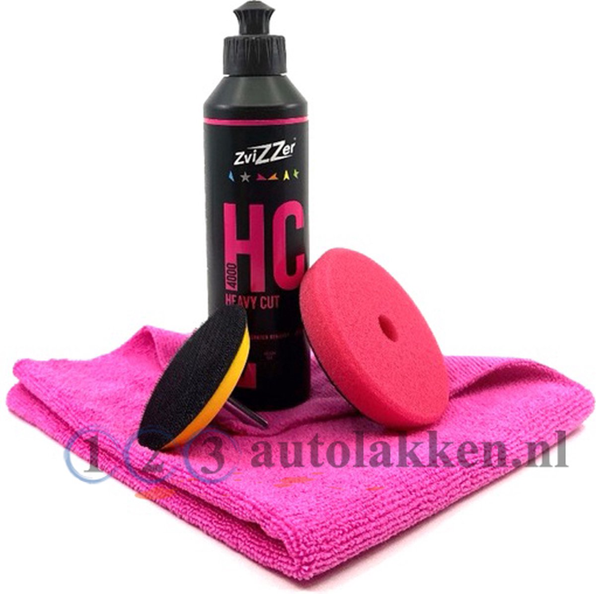 Zvizzer - Polijstpasta HC 4000 Heavy Cut- Velcro steunschijf met adaptor boormachine- poetspad Hard Roodl 90x20x76 - microvezeldoek