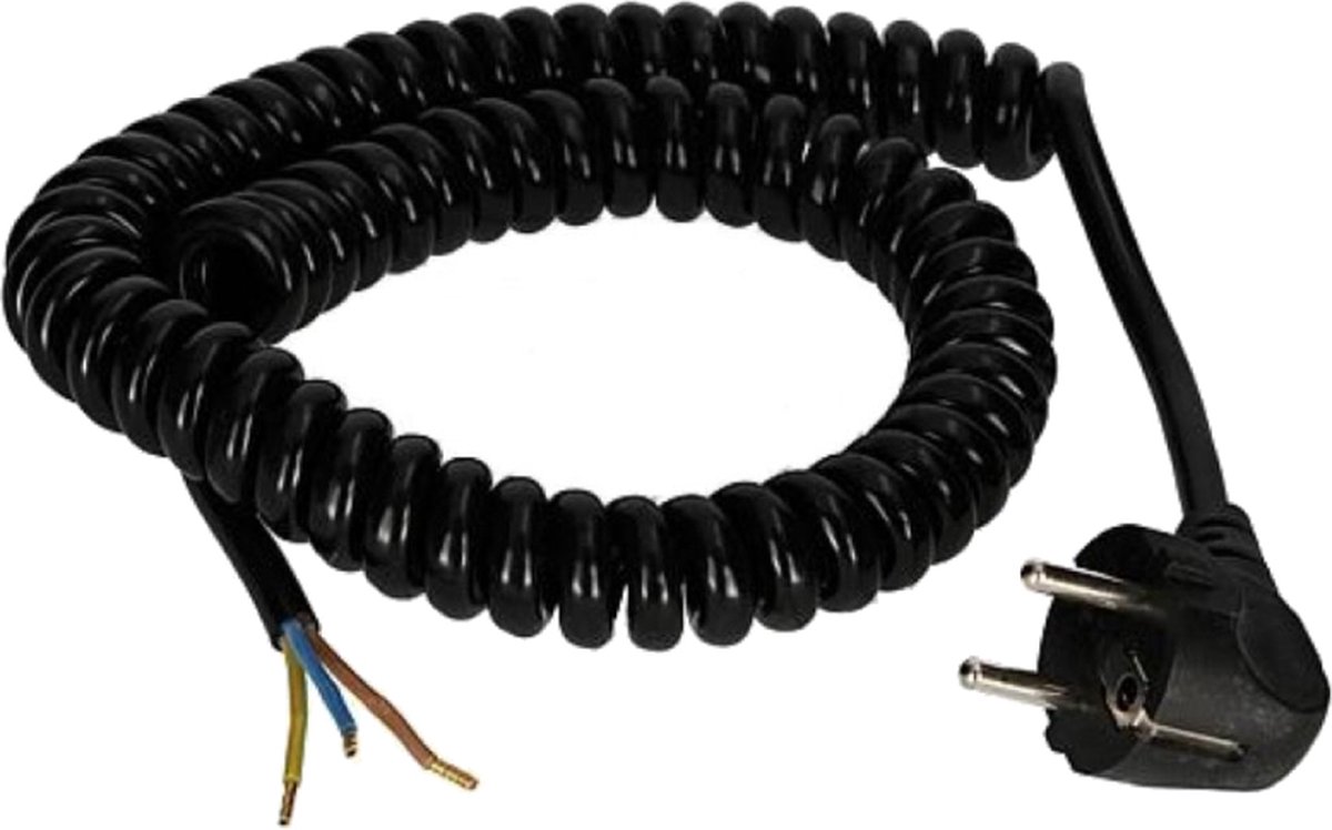 Schuko Haaks - Open einde Apparaatsnoer - Gekruld - 3 x 1mm2 - 2,5 meter - Zwart