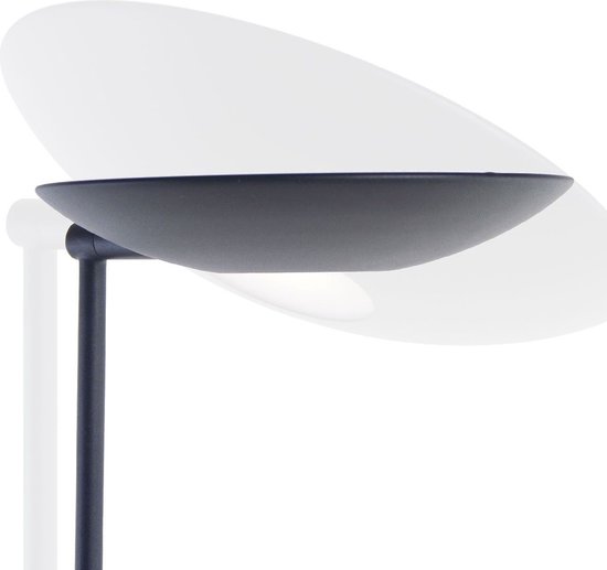 Gros plan de l'abat-jour rond et plat d'un lampadaire gris foncé avec LED intégrée.