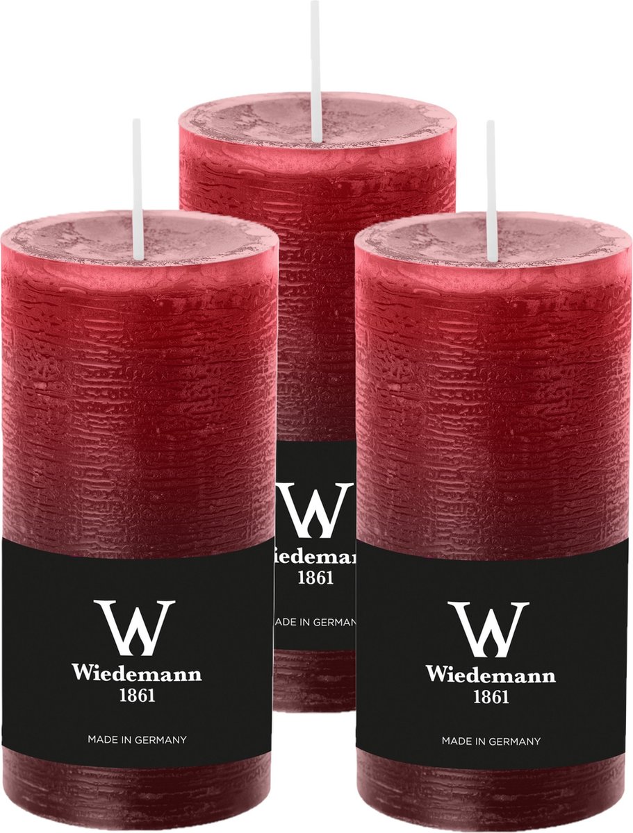 Wiedemann Cilinderkaars/stompkaars - 3x - rustieke kaars - bordeauxrood - 6 x 12 cm - 42 branduren Bordeaux rood