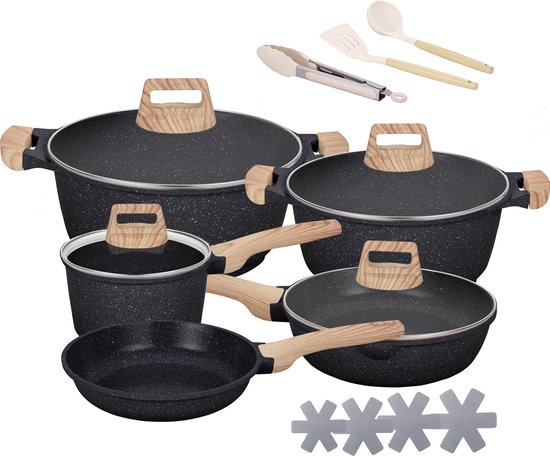 Maison & Kitchen - 16 delige pannenset inductie PFAS vrij - Zwart met natural pannen