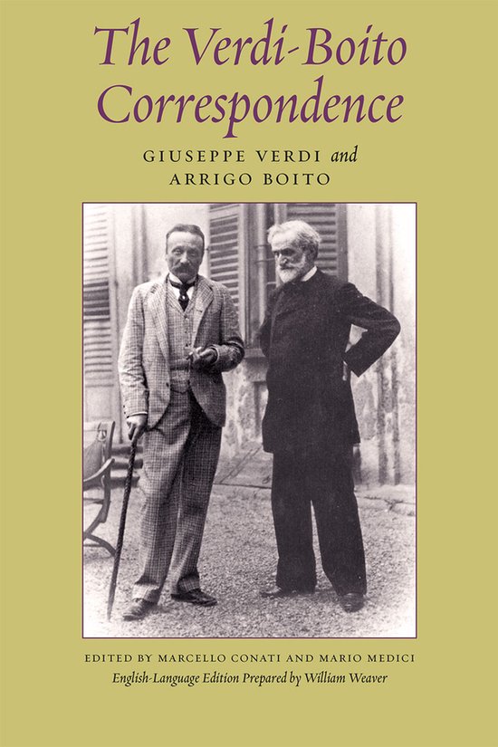 Boekomslag van The Verdi-Boito Correspondence met een zwart-witfoto van Giuseppe Verdi en Arrigo Boito op een okergele achtergrond.