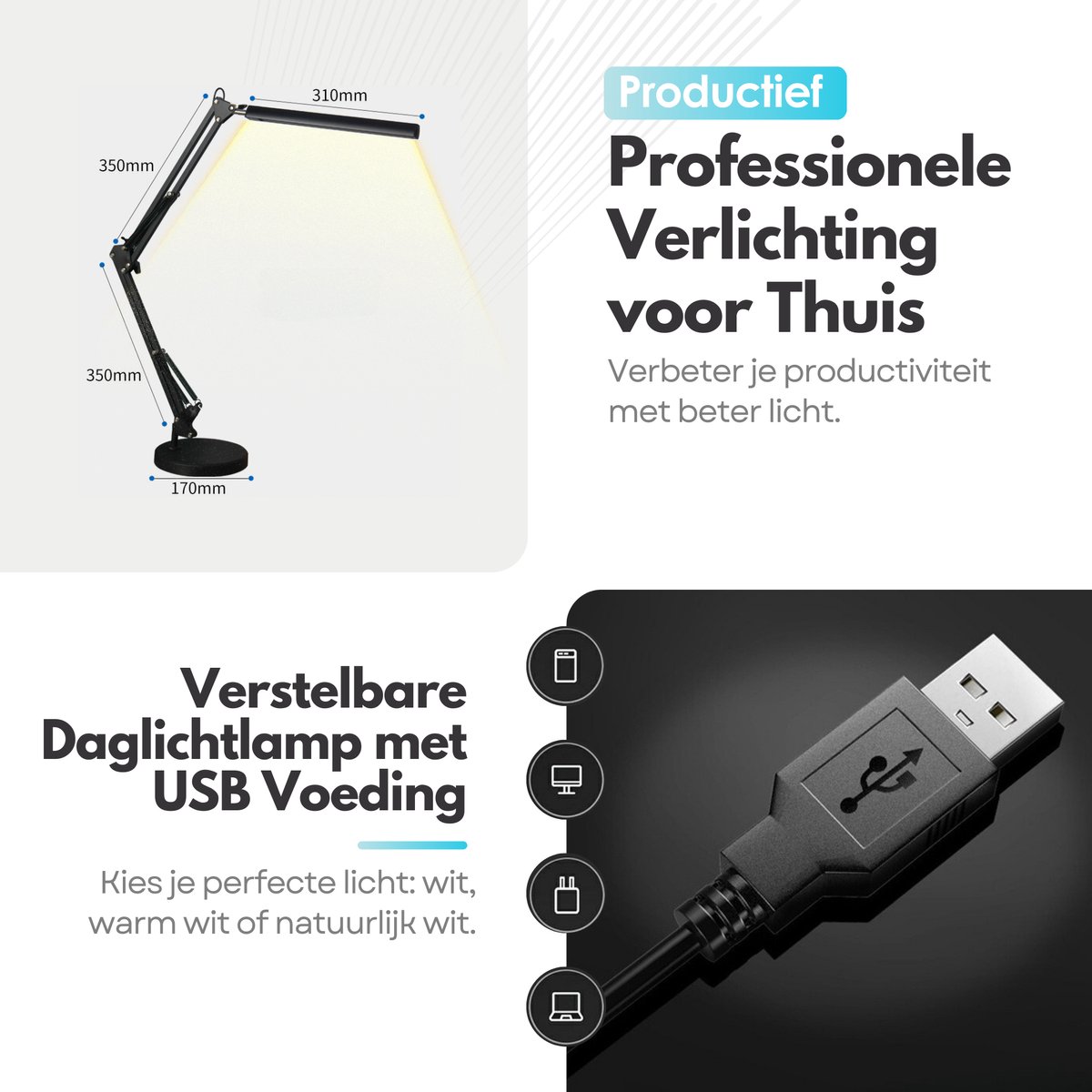 Sterla Verstelbare LED Bureaulamp - 3 Lichtstanden - Met Poot thumbnail 5