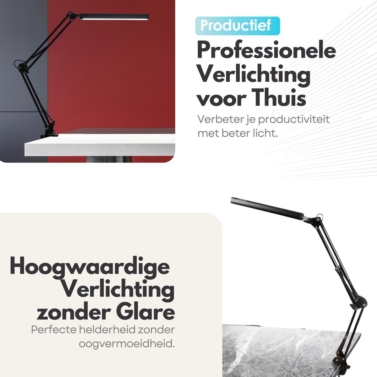 Verstelbare LED Bureaulamp - 3 Lichtstanden - Flexibele Bureau Lamp Dimbaar - Verstelbaar - Met Klembevestiging - Zwart thumbnail 5